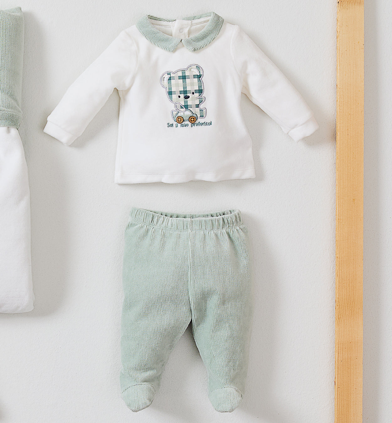 Tutina neonato caldo cotone con orsetto verde
