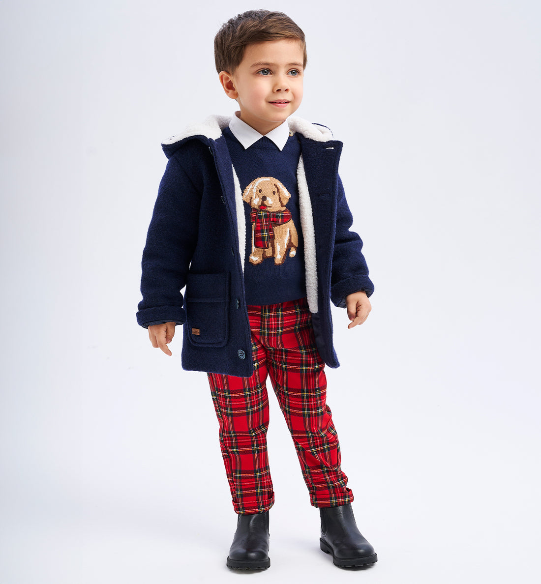 Completo Bambino con Maglioncino Cagnolino e Pantaloni Tartan Rossi