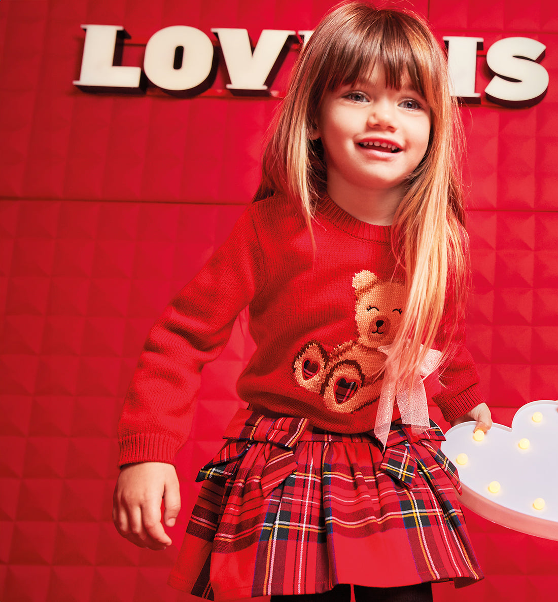 Completo Bambina con Maglioncino Orsetto e Gonna Tartan