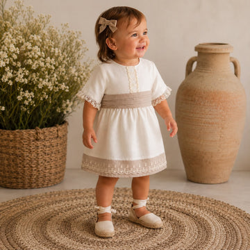 Abito In Lino Beige E Bianco Panna