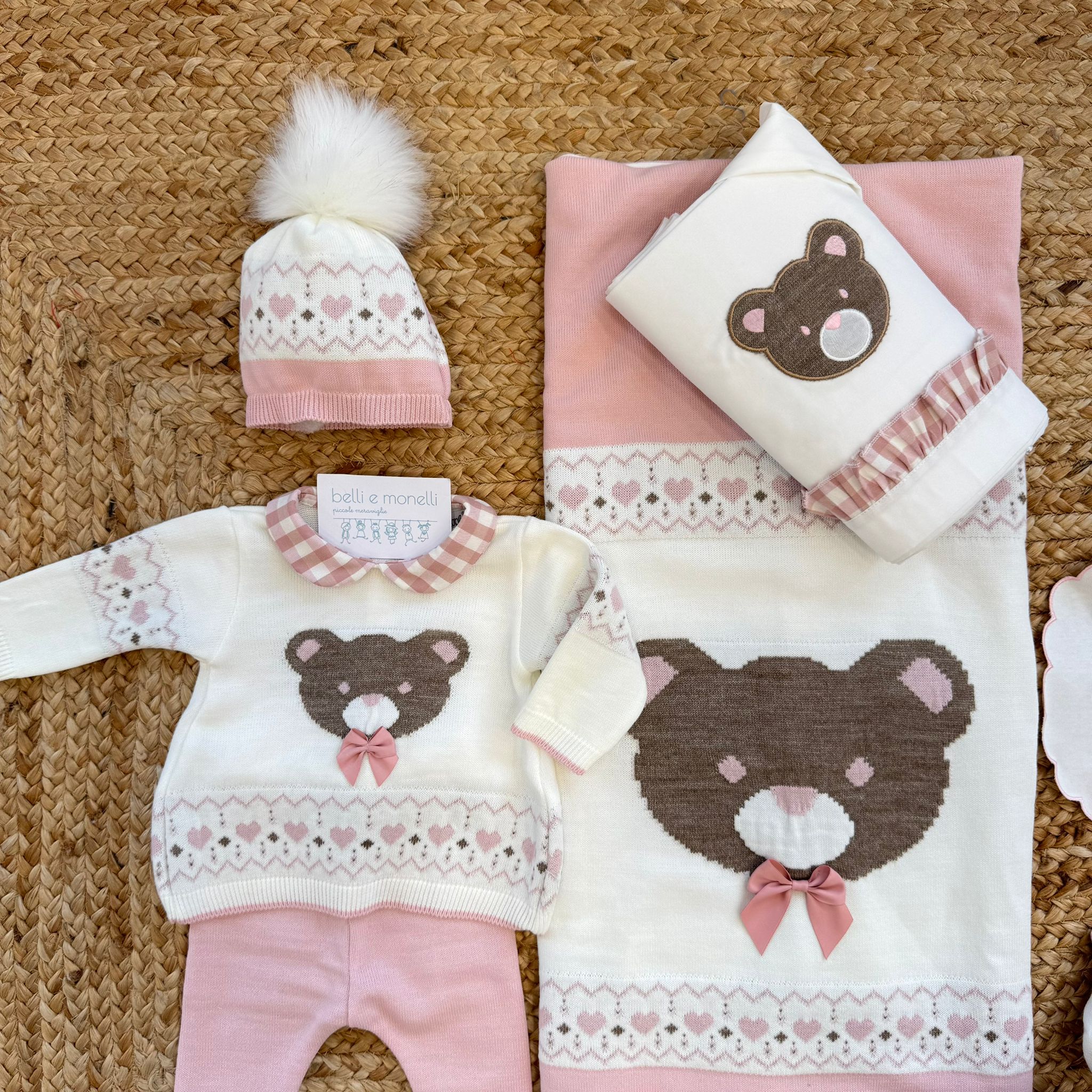 Set nascita neonata rosa e panna con orsetto