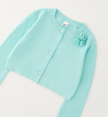 Cardigan bimba cotone verde acqua con applicazioni floreali