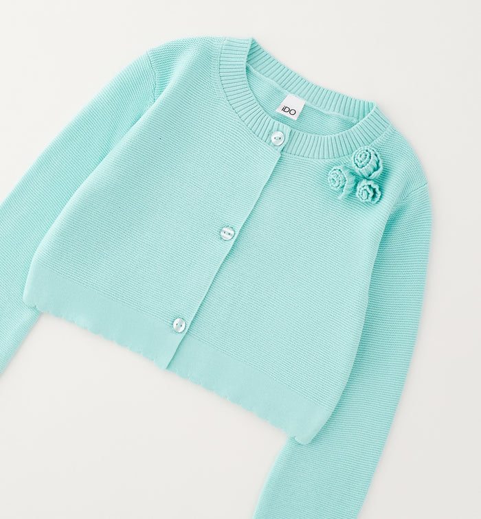 Cardigan bimba cotone verde acqua con applicazioni floreali