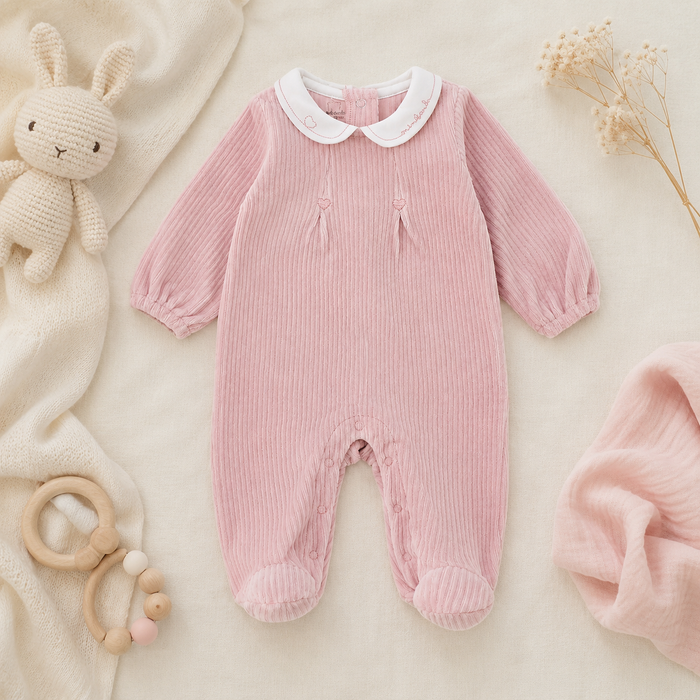Tutina nascita neonata in ciniglia rosa con colletto ricamato