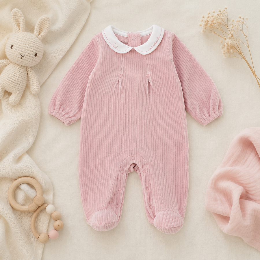Tutina nascita neonata in ciniglia rosa con colletto ricamato