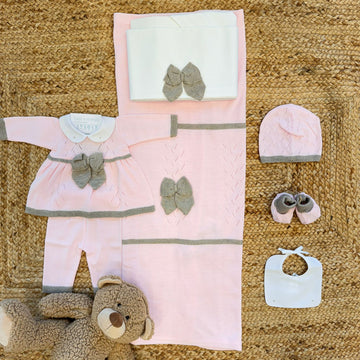 Uscita clinica neonata misto lana rosa con fiocco tortora