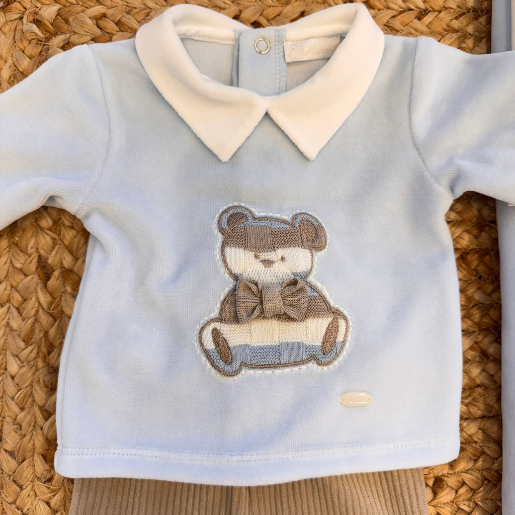 Uscita clinica neonato ciniglia celeste e beige con orsetto