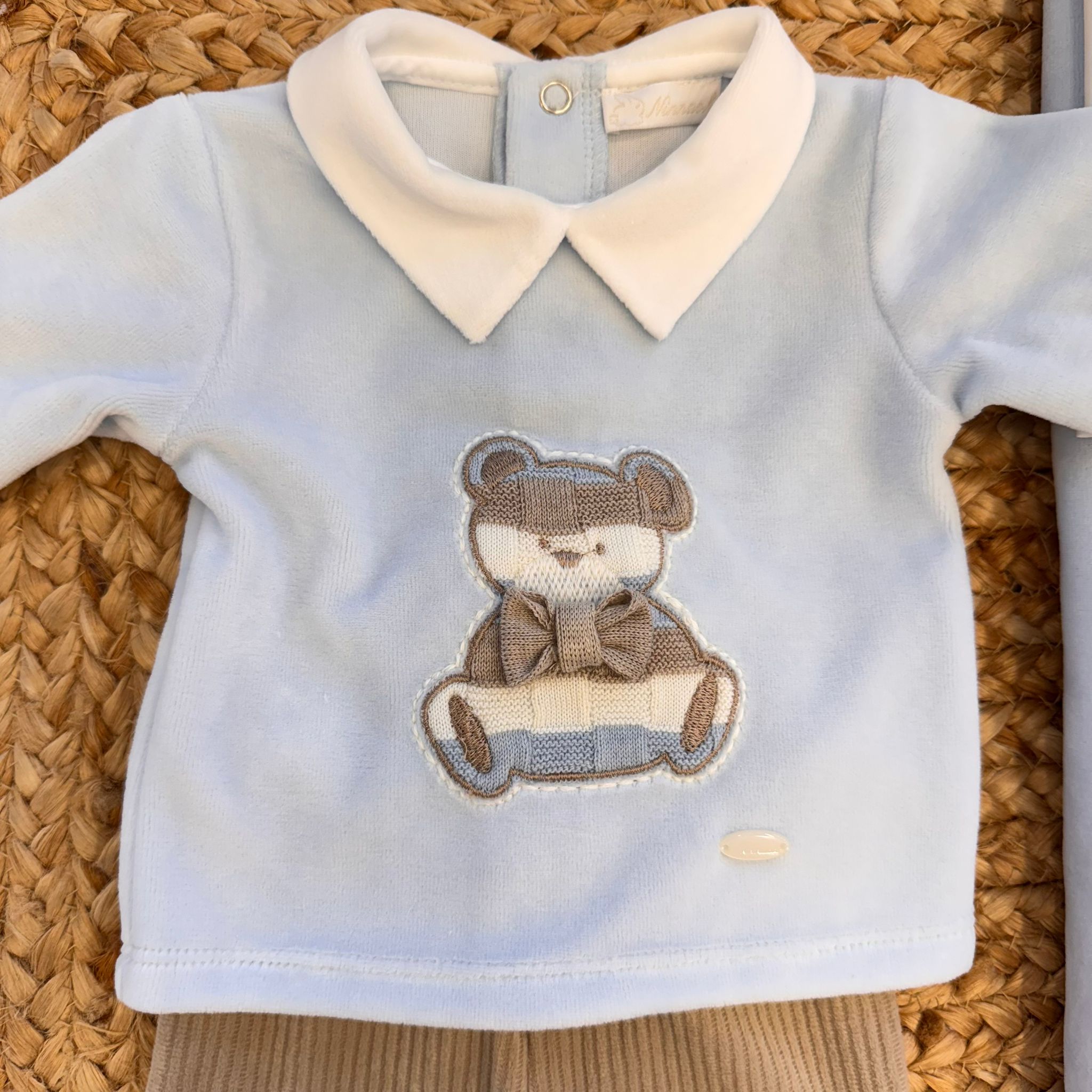 Uscita clinica neonato ciniglia celeste e beige con orsetto