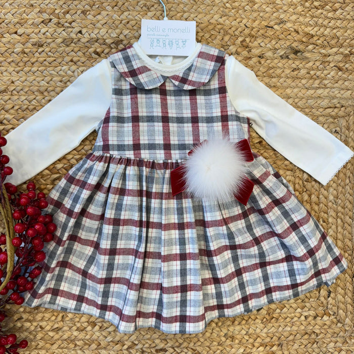 Abito natalizio bimba scozzese con fiocco velluto e pon pon