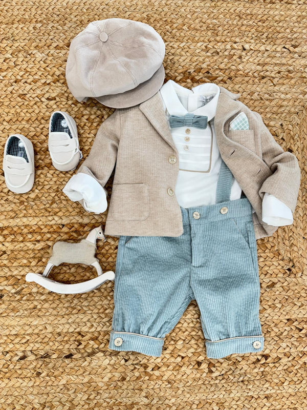 Completo battesimo bimbo beige e verde salvia in velluto