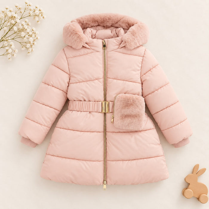 Giubbotto bimba rosa imbottito con cappuccio e cintura