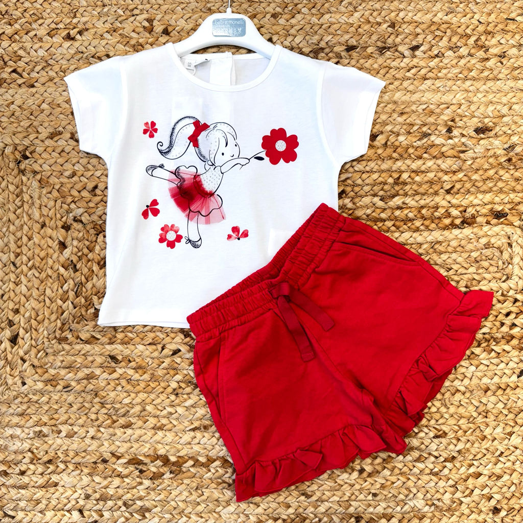 COMPLETO BIMBA CON T-SHIRT BALLERINA E SHORTS ROSSI CON VOLANT