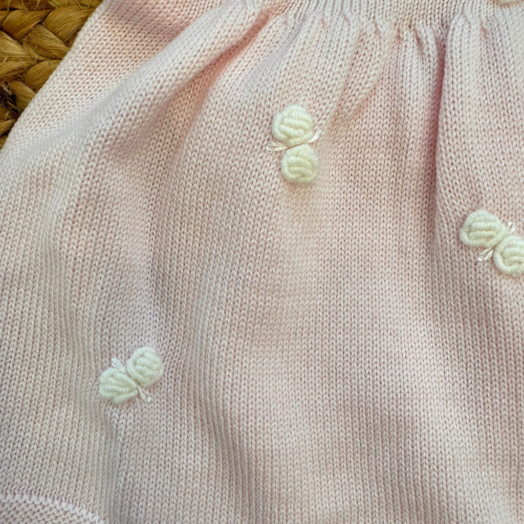 Uscita clinica neonata in pura lana rosa cipria con cuori ricamati