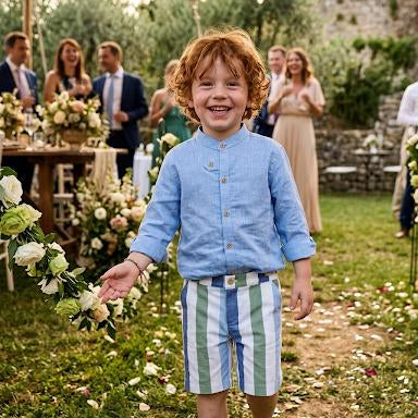 Completo elegante bimbo camicia azzurra e bermuda a righe in cotone