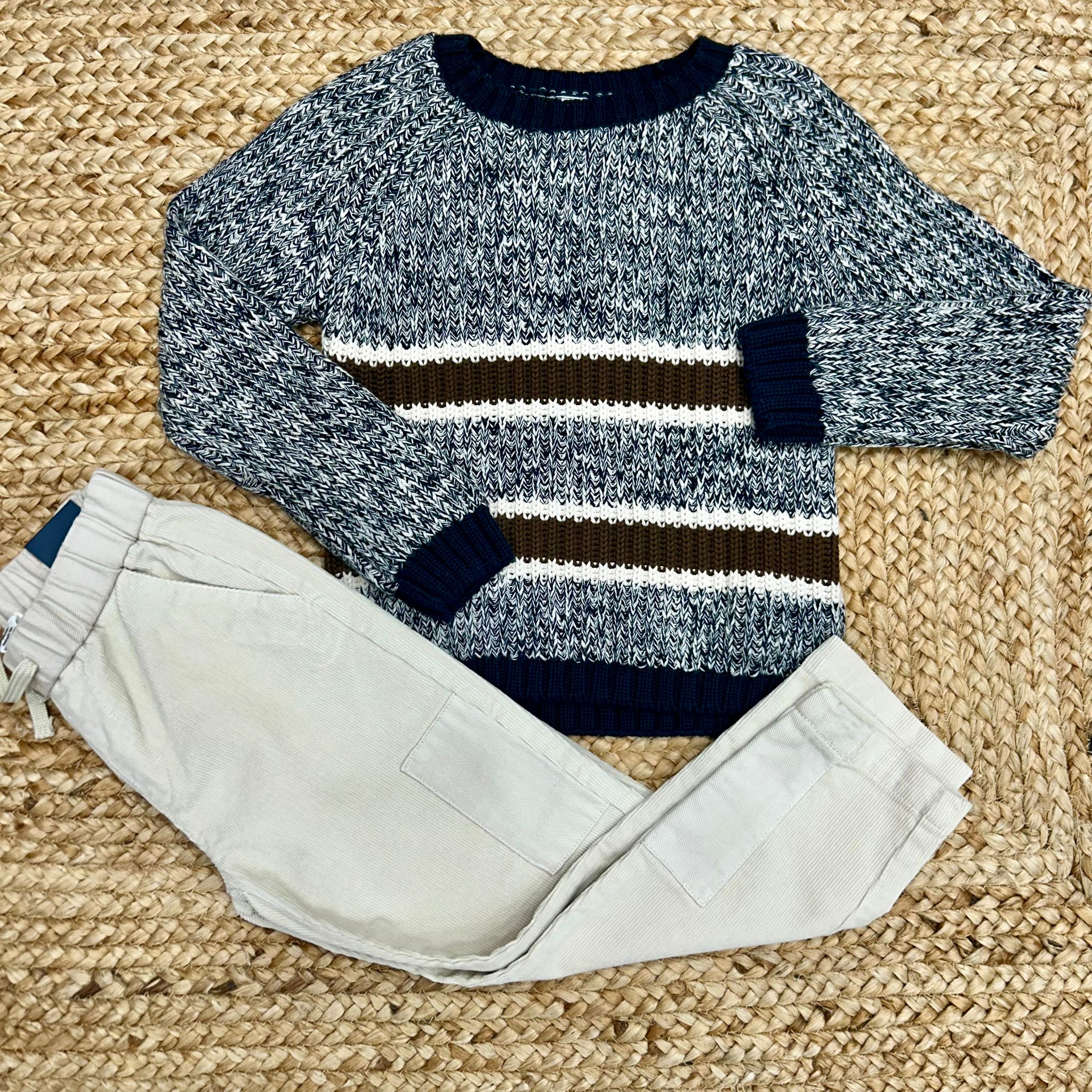 Maglioncino bimbo con righe e pantalone velluto panna