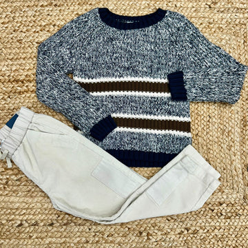 Maglioncino bimbo con righe e pantalone velluto panna