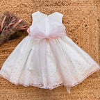 ABITO BATTESIMO BIMBA RICAMO ROSA E FIOCCO ORGANZA