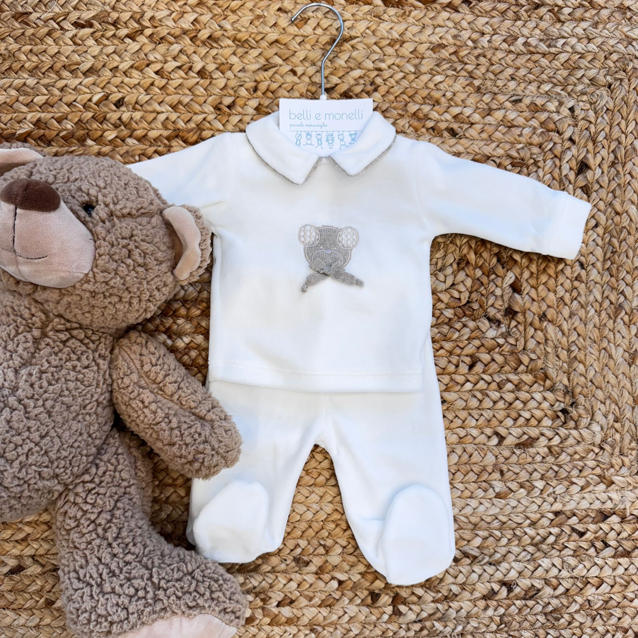 Tutina neonato ciniglia panna con orsetto