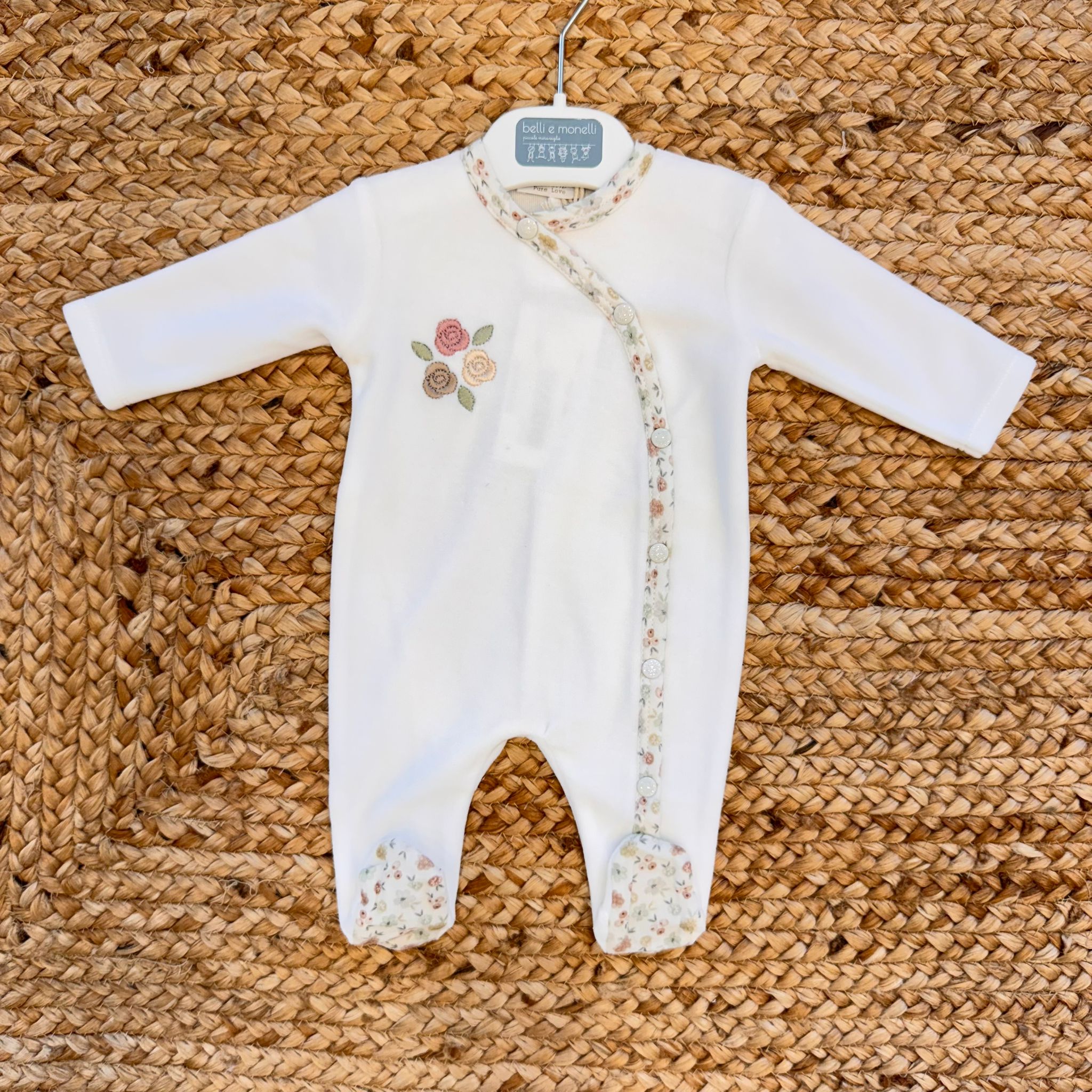 Tutina neonata ciniglia panna con rose ricamate