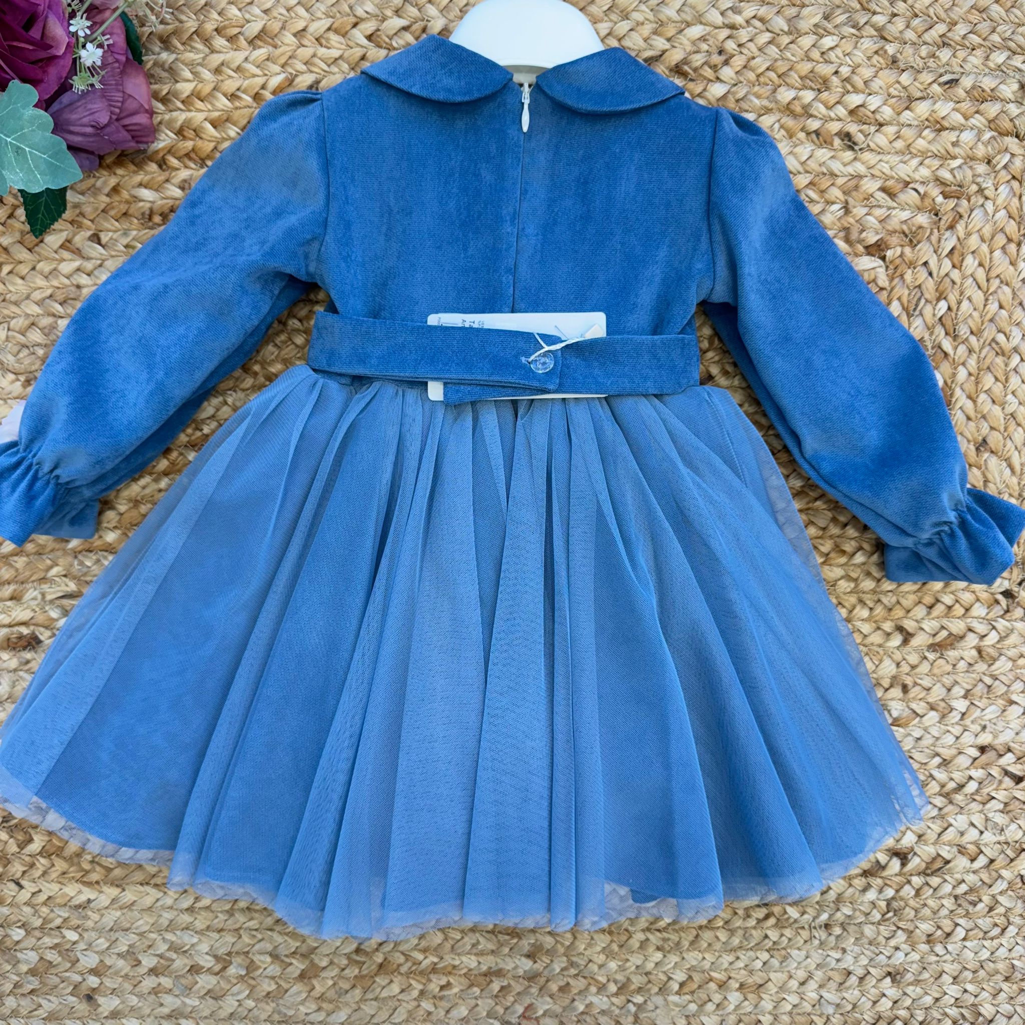 Abito bimba azzurro polvere con fiocco e fiori