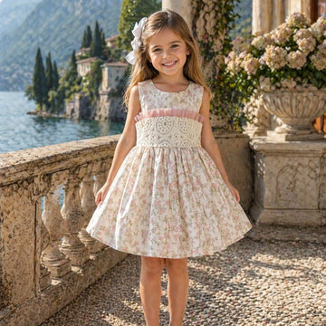 Abito elegante bimba floreale con pizzo e tulle rosa