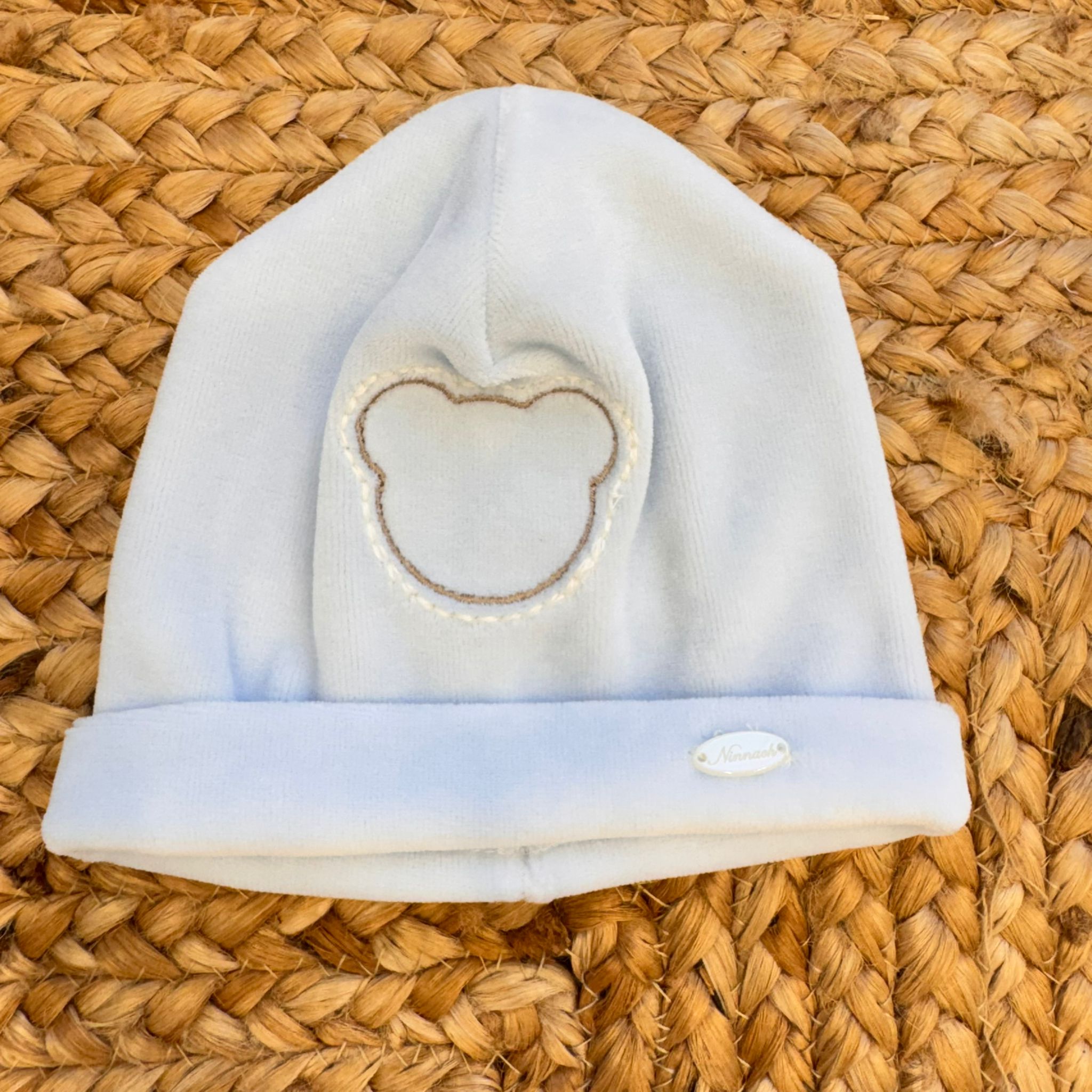 Uscita clinica neonato ciniglia celeste e beige con orsetto