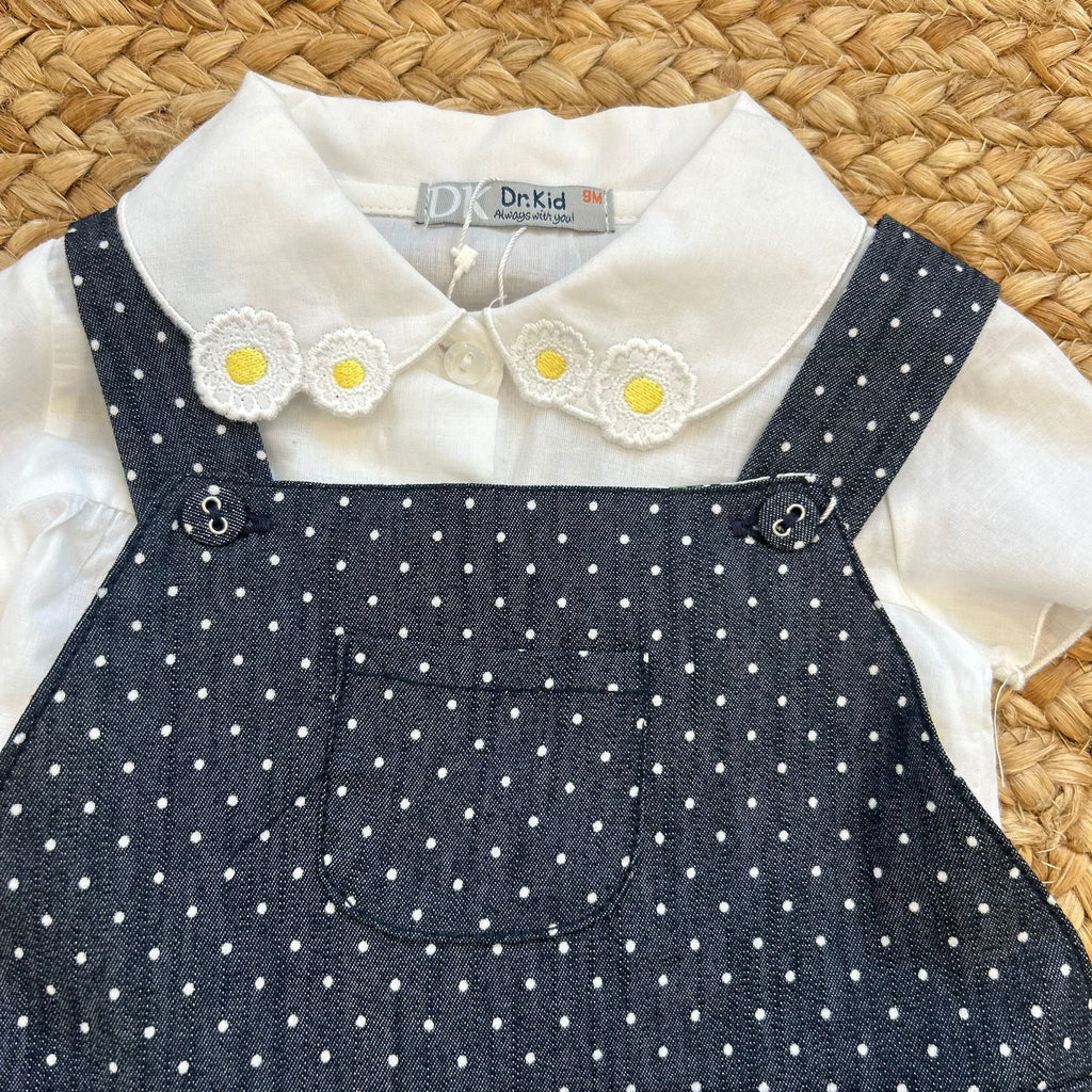 COMPLETO BIMBA SALOPETTE BLU A POIS E CAMICINA MARGHERITE