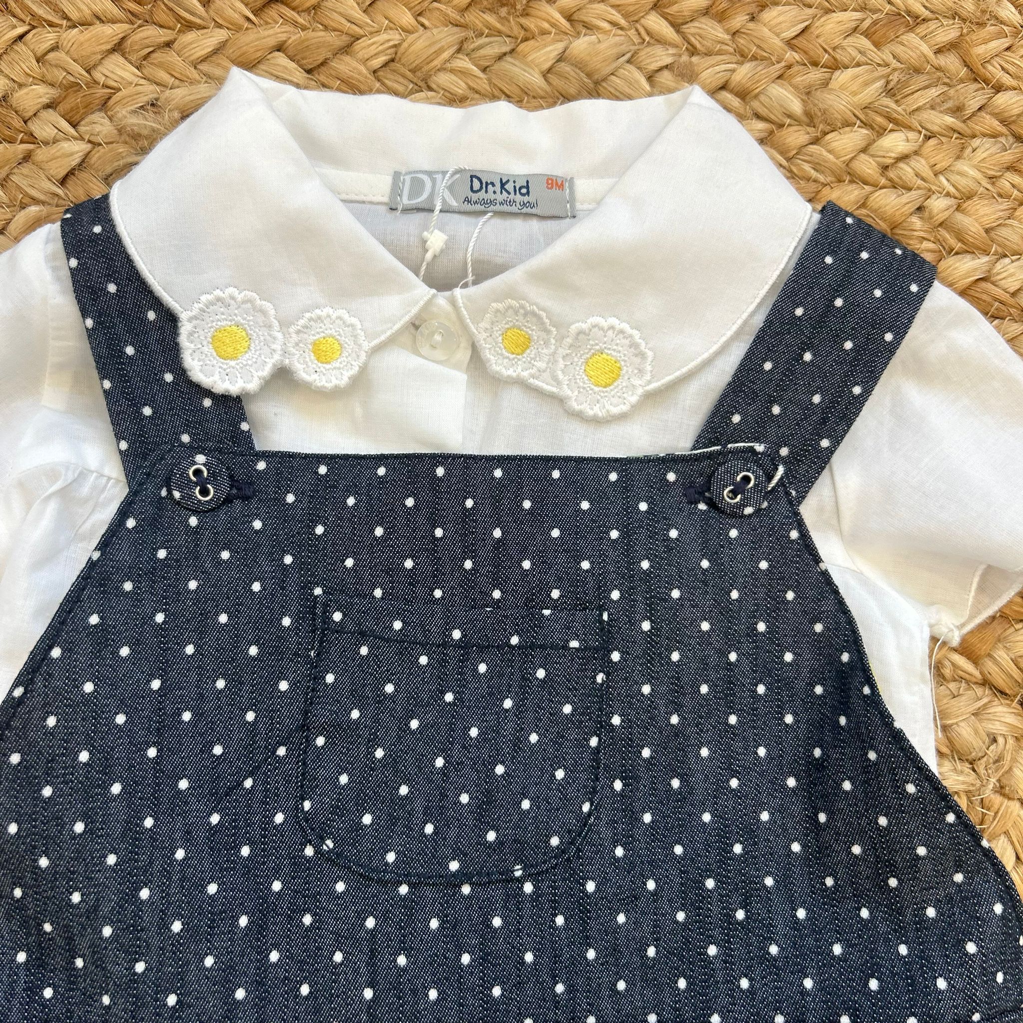 COMPLETO BIMBA SALOPETTE BLU A POIS E CAMICINA MARGHERITE