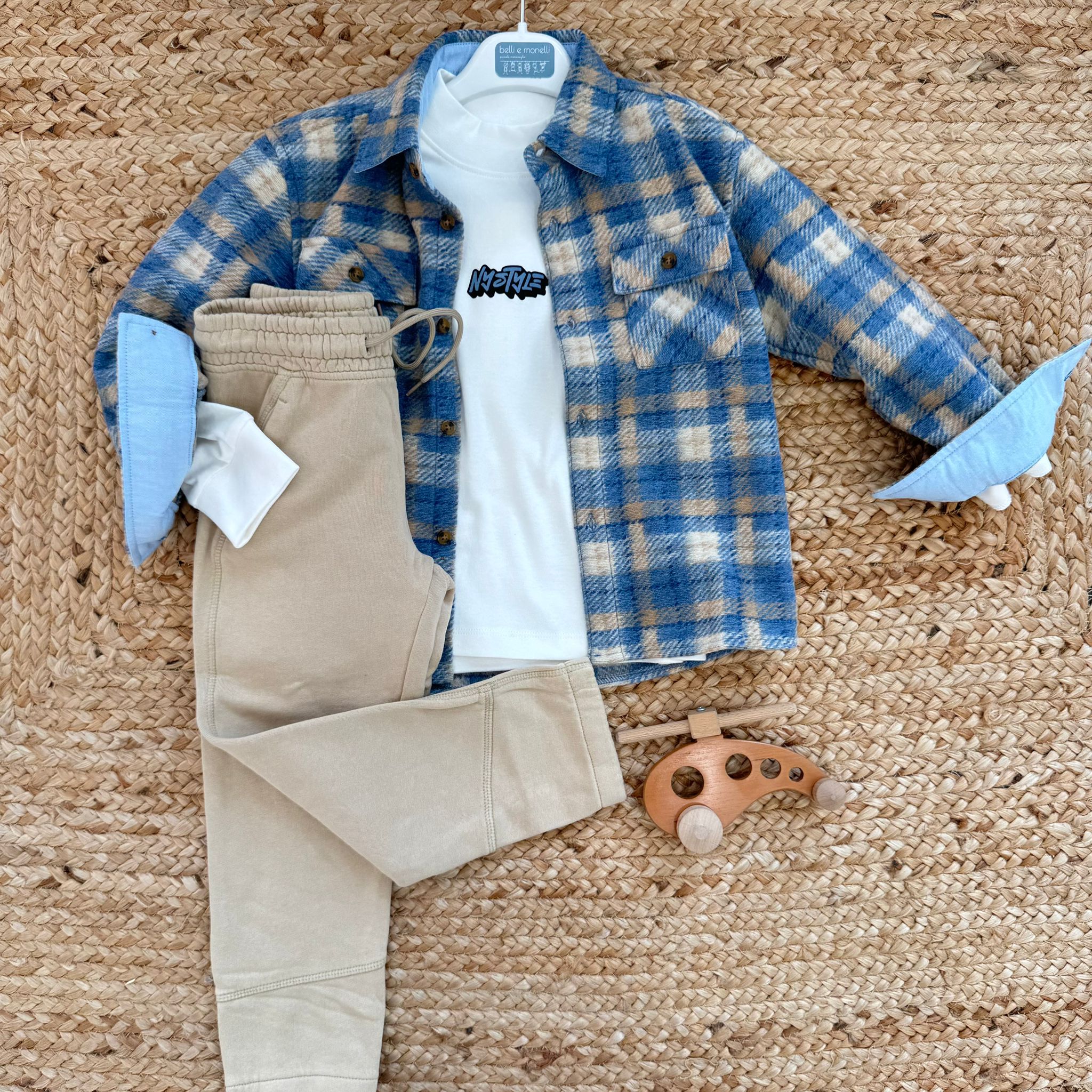 Completo casual chic bambino camicia a quadri blu e beige