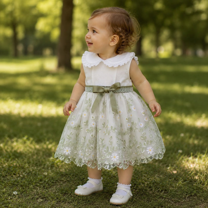 Abito da bambina in lino con gonna ricamata a fiori