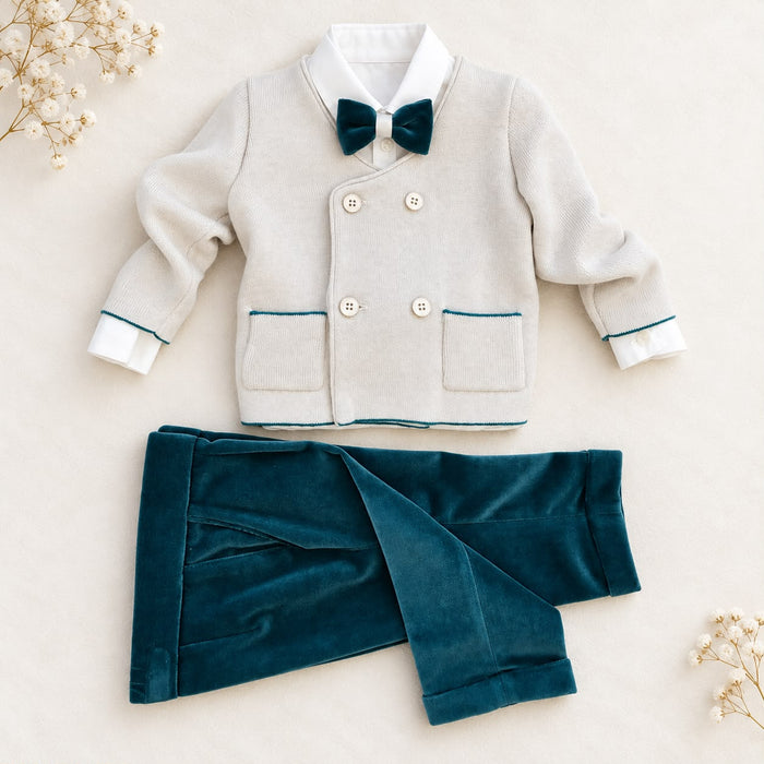 Completo battesimo bimbo con cardigan e pantaloni verde petrolio