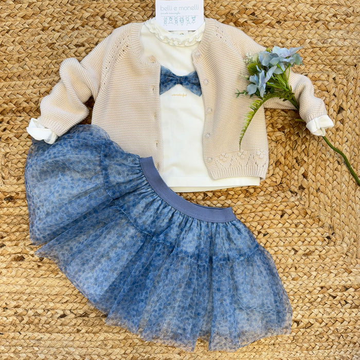 Completo bimba caldo cotone panna e azzurro con fiocco