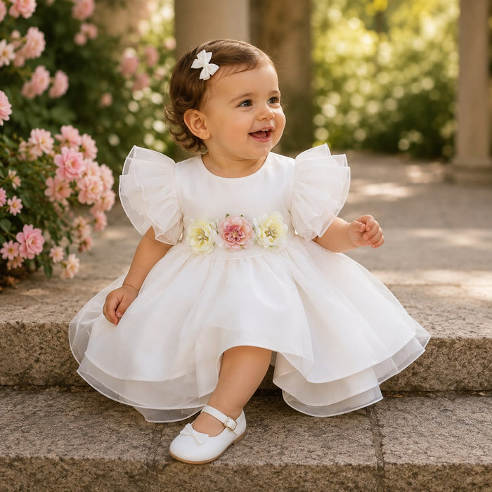 ABITO DA BATTESIMO BAMBINA-ELEGANZA IN ORGANZA CON FIORI APPLICATI - BUFI