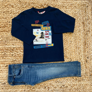 Completo bimbo blu con stampa skate e jeans