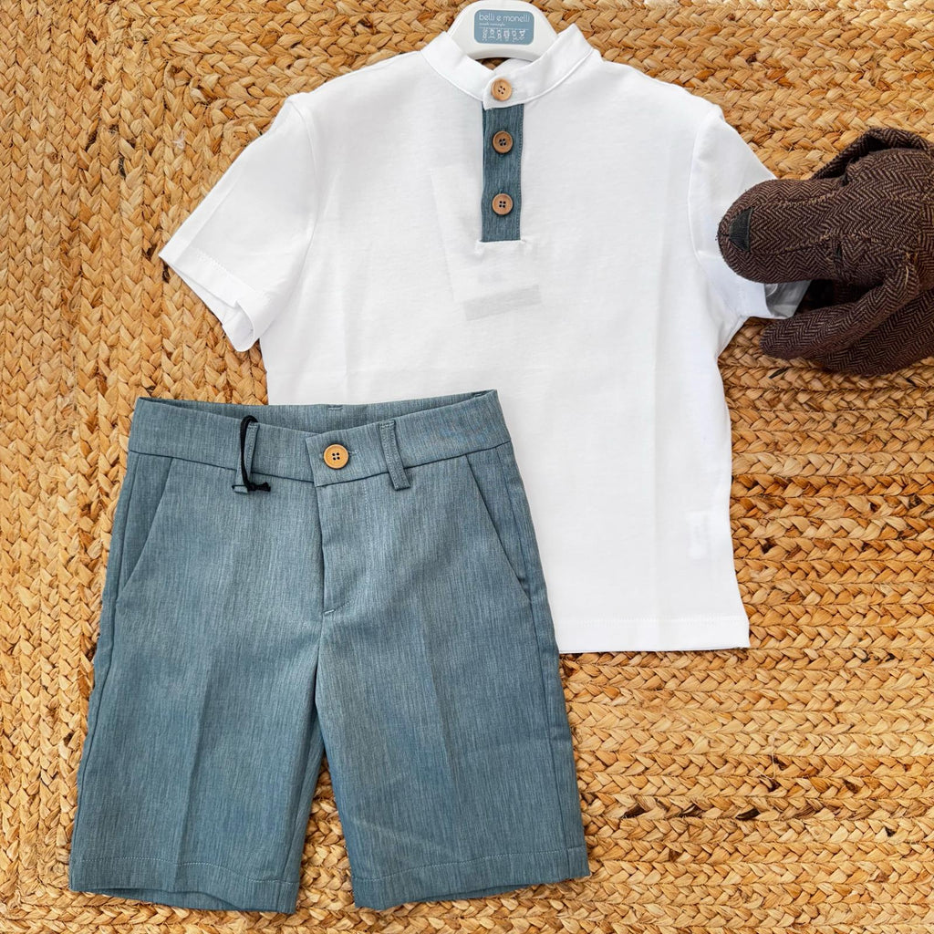 COMPLETO ESTIVO BAMBINO: POLO BIANCA E PANTALONI VERDE SALVIA