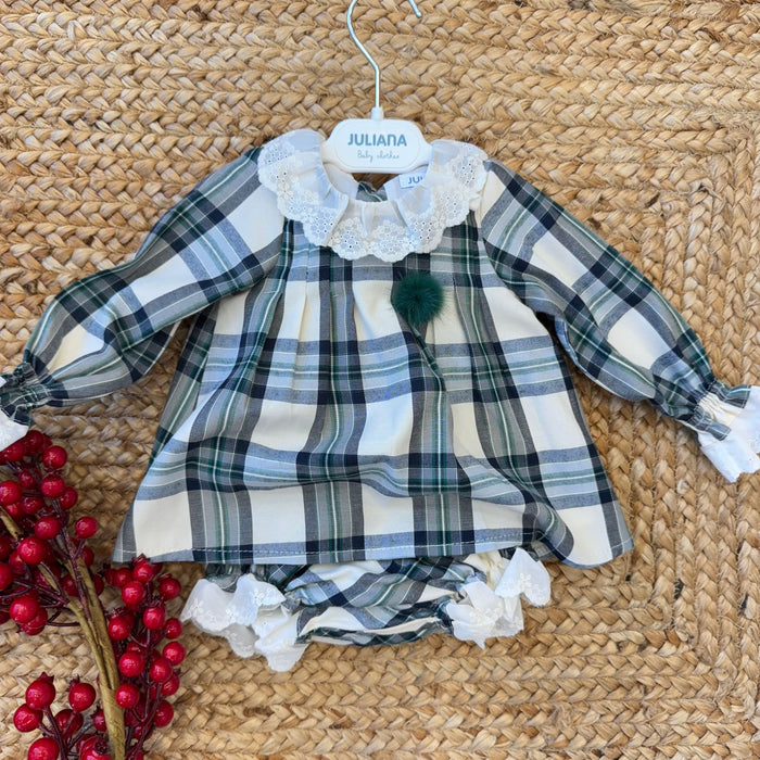 Completo natalizio neonata scozzese verde con pizzo e pompon
