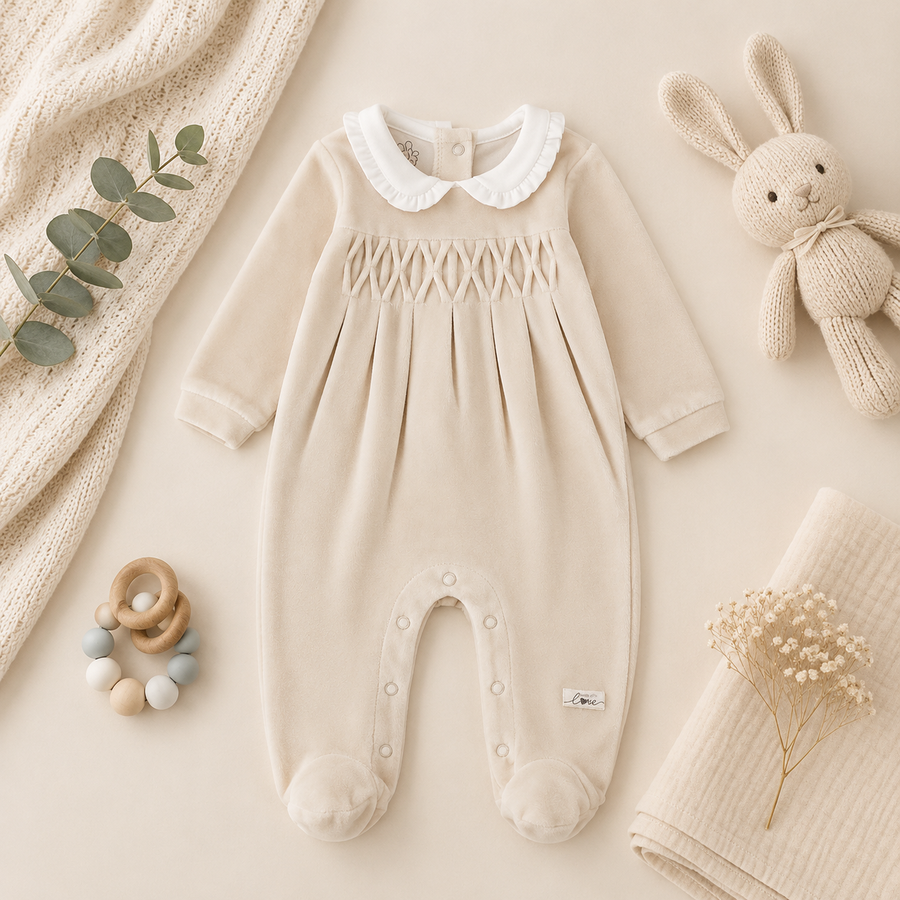 Tutina neonata in ciniglia beige con lavorazione smock