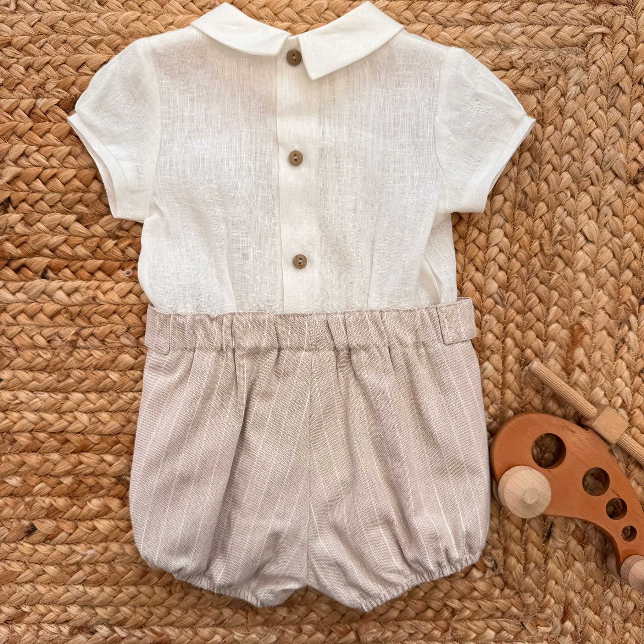 COMPLETO BATTESIMO BIMBO RIGHE BEIGE