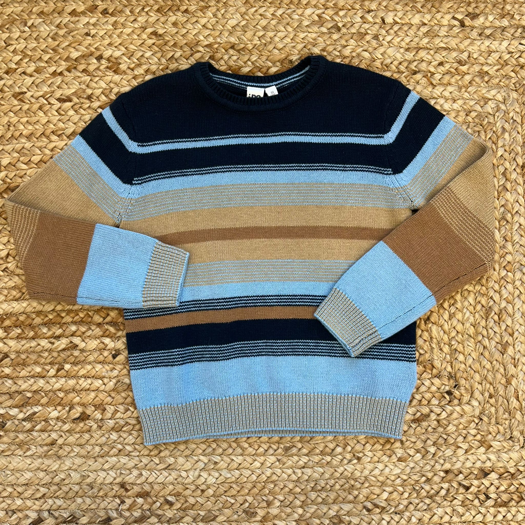 Maglione bimbo a righe blu, azzurro e cammello