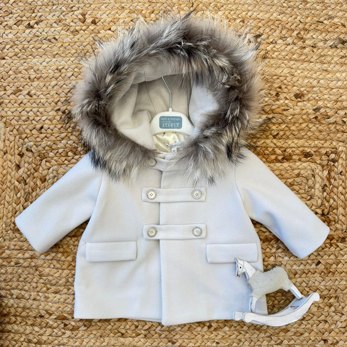 Cappottino bimbo beige con cappuccio bordato in pelliccia