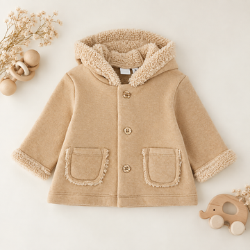 Giubbotto neonato beige felpato con cappuccio e tasche frontali