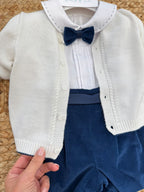 Completo battesimo neonato blu e panna con papillon