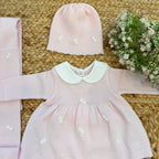 Uscita clinica neonata in pura lana rosa cipria con cuori ricamati