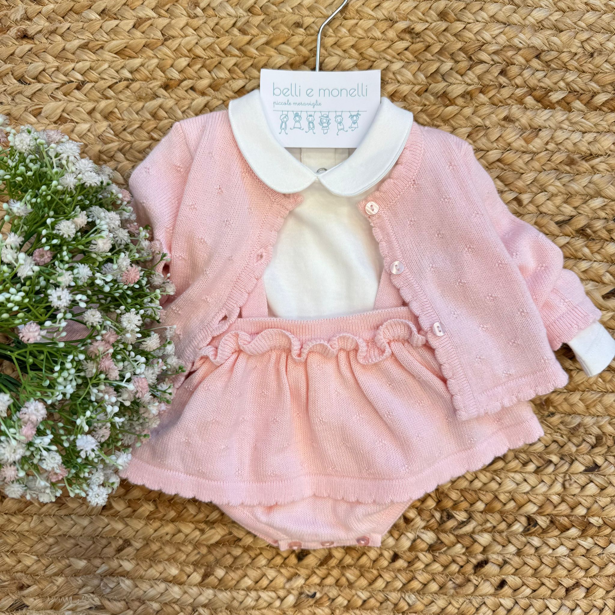 Completo neonata 3 pezzi rosa cotone e lana