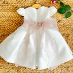 ABITO BATTESIMO MIMILÙ IN MIKADO CON CINTURA IN ORGANZA ROSA ANTICO E SPILLA FLOREALE REMOVIBILE
