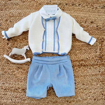 Abito battesimo bimbo azzurro e panna con pantaloni in velluto