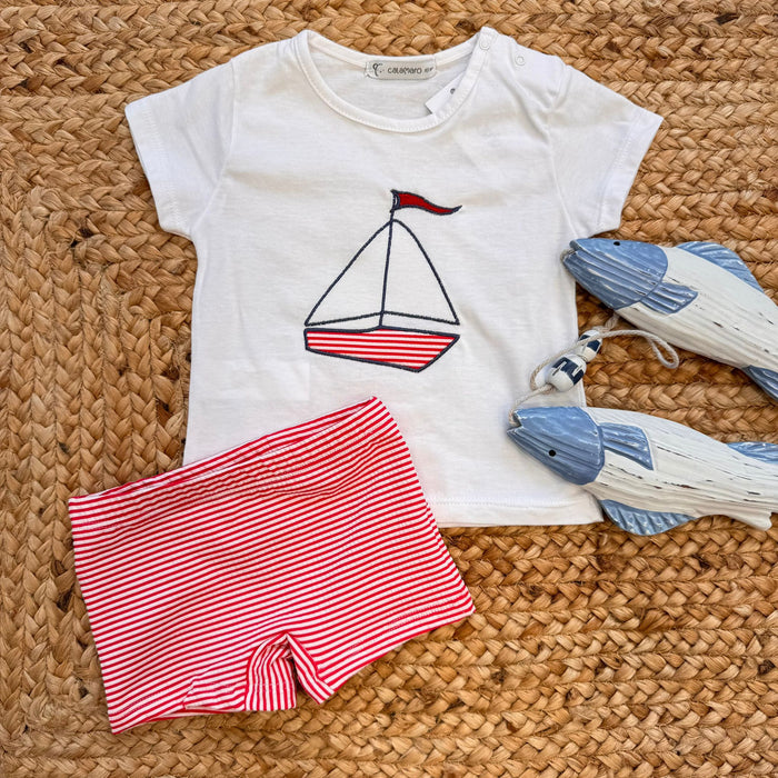 COSTUMINO BAMBINO RIGHE ROSSE CON T-SHIRT BARCA A VELA