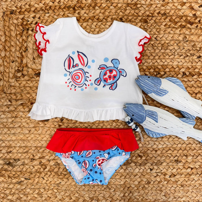 COSTUMINO BIMBA TARTARUGHE BLU E ROSSO CON T-SHIRT MARE