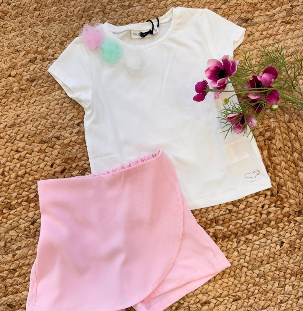 COMPLETO BAMBINA T-SHIRT CON FIORI E SHORTS ROSA