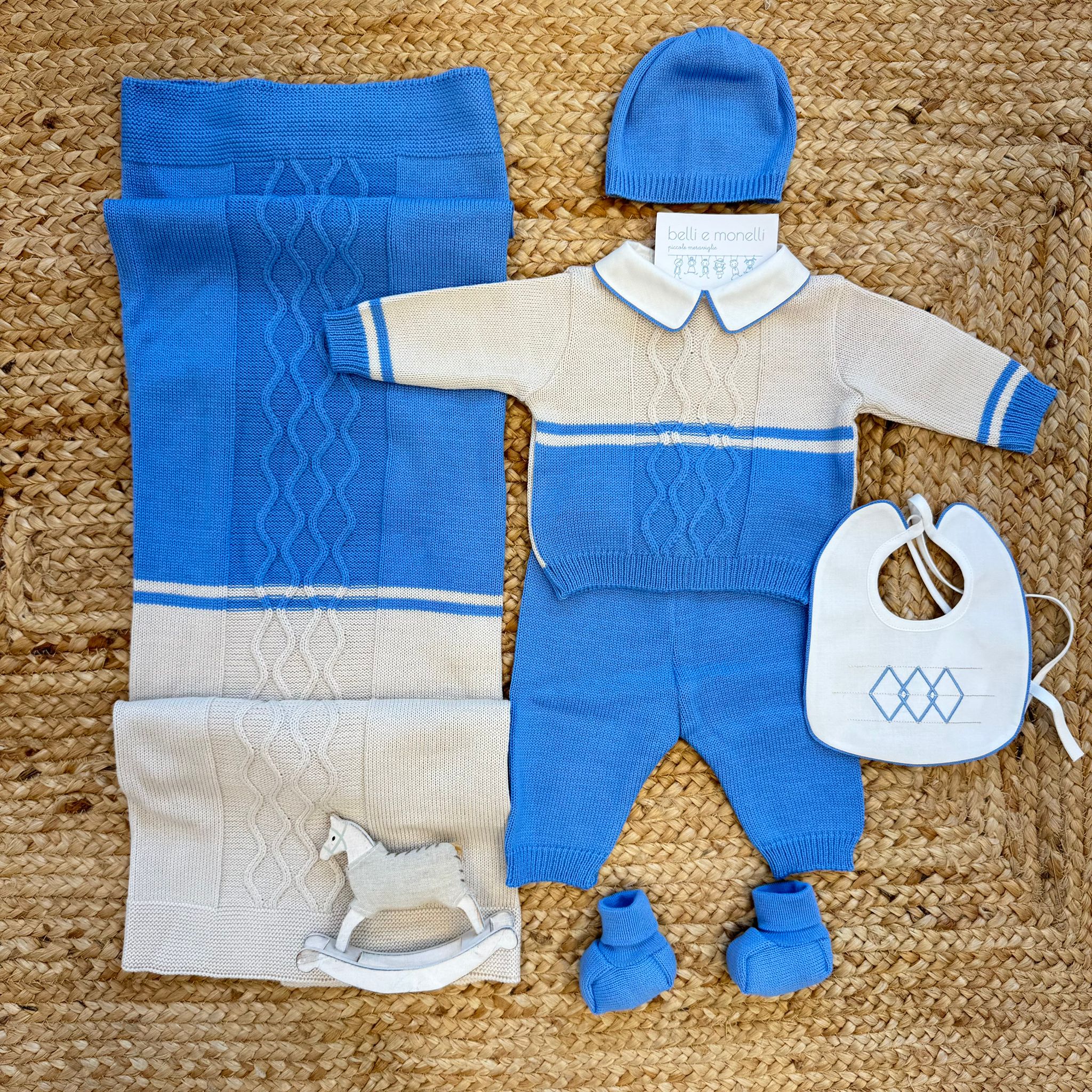 Set Nascita neonato pura lana azzurro e panna